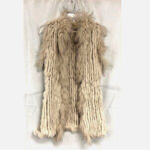 Real Natural Rabbit & Raccoon Fur Knitted Vest Gilet White Cream Jacket Women OS